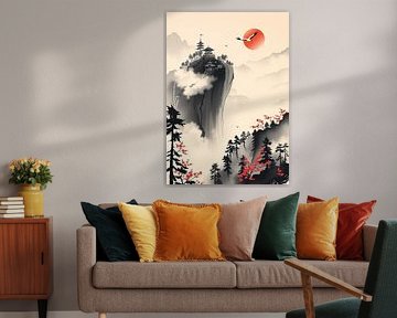 Paysage traditionnel à l'encre japonaise d'humeur poétique