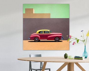 Voiture ancienne dans un paysage géométrique sur Jan Keteleer