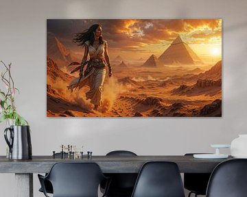 VIATRIX – Een Vrouw die door de Egyptische Woestijn Wandelt met Piramides op de Achtergrond