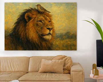 Ruhiges Löwenporträt mit Vogel von Imperial Art House