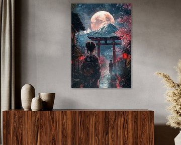 Japanische Straße mit Torii-Tor und Mond von Lufy