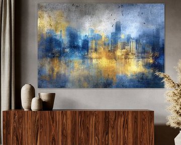 Abstract Stadslandschap in Blauw en Goud - Fine Art van BowiScapes - Fine Art en Urban Wandkunst