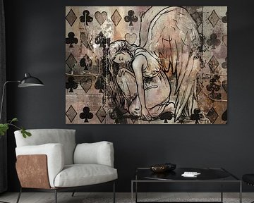 Engel mixed media kunst - roze beige oranje