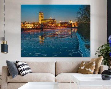 Magdeburg and the Elbe during the blue hour in winter by t.ART
