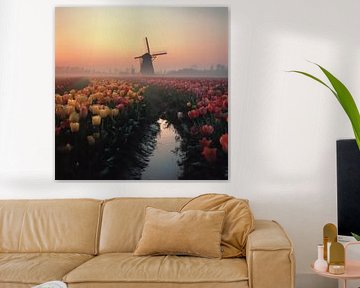 Tulip Fields at Sunrise with Windmill by Friso Creates