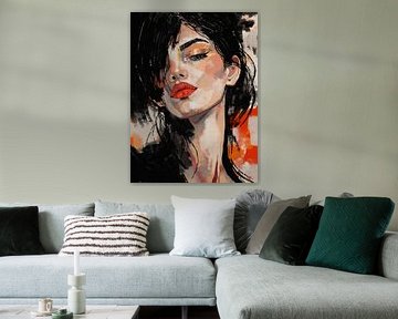 Red Velvet Gaze - Portrait de Femme Intense avec Lèvres Rouges sur Patricia Leona Art