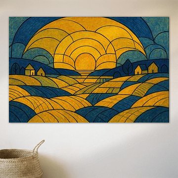 Geometrische zon boven glooiende velden