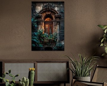 Verziertes Rundbogenfenster mit Efeu und warmem Licht von Matthias Hauser