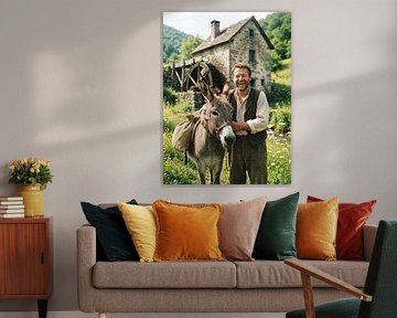 Glücklicher Mann lacht mit Esel in ländlicher Wassermühle von Markus Gann