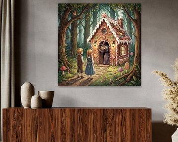 Hansel and gretel approaching witch's gingerbread house in fores by Markus Gann