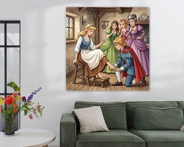 Prince fitting golden slipper on young woman's foot by Markus Gann