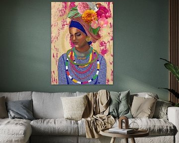 Abstract Afrikaans Portret: Vrouw Tulband, Blauw met Vogel