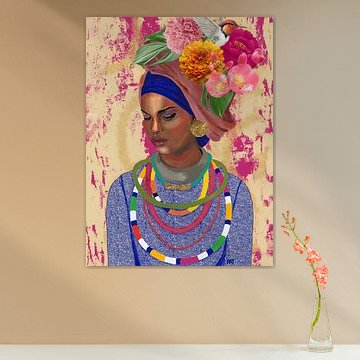 Abstract African Portrait: Woman Turban, Blue with Bird