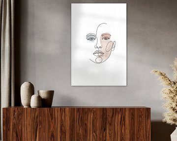 Serene muze: Minimalistisch lijnkunstportret met pastelkleurige aardetinten