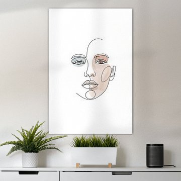 Serene muze: Minimalistisch lijnkunstportret met pastelkleurige aardetinten
