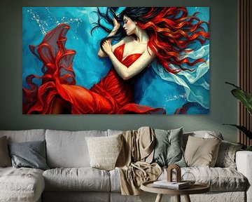 Vrouw onder water - Tussen slaap, droom en zinken, gedragen door blauwe diepten en de zachte adem van een rode jurk