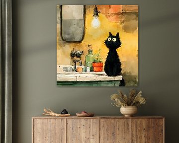 Secret moment in the bathroom - Black cat in warm light by Erika Kaisersot