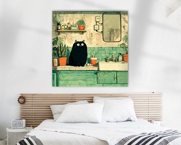 Secret place at the sink - Black cat in the quiet bathroom by Erika Kaisersot