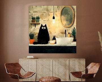 Secret place at the sink - Black cat in the quiet bathroom by Erika Kaisersot