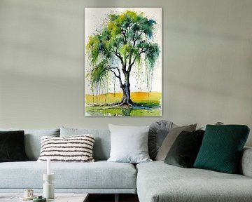 Weidenbaum Aquarell - Fließende ausdrucksstarke Landschaft