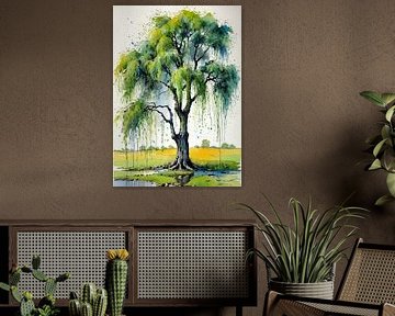 Weidenbaum Aquarell - Fließende ausdrucksstarke Landschaft