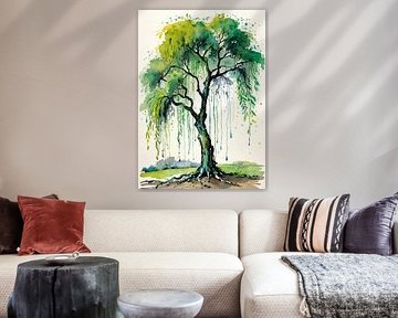 Weidenbaum Aquarell - Fließende ausdrucksstarke Landschaft