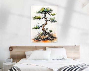 Alter Bonsaibaum Aquarell - Meditative Natur Kunst