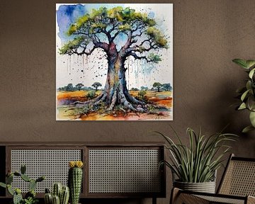 Baobab Baum Aquarell Malerei - Raw Organic Nature Kunst