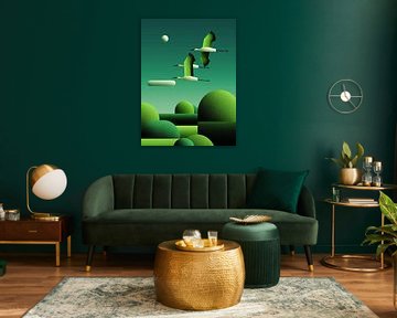 Grüner Flug | Kräne über futuristischer Landschaft