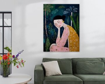 Verträumtes Frauenporträt in einem nächtlichen botanischen Garten von Atelier Pink Blossom