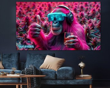 Chimpanzee in the cannabis field: whiskey, joint, headphones & Calm is power (2) by AidasignArt