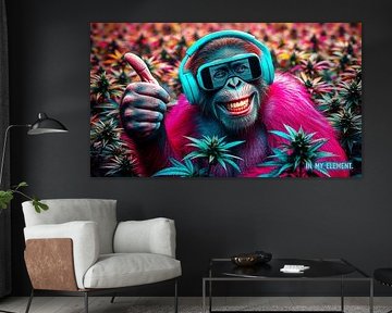 Monkey - thumbs up, headphones & IN MY ELEMENT, chimpanzees in the cannabis field (3) by AidasignArt