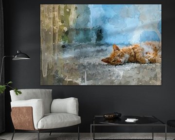 Cat enjoying serene afternoon rest - pastel colours by Fenja Jon-Blaauw - Studio Foek