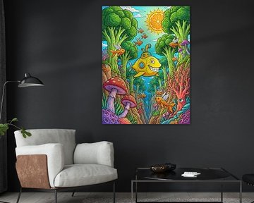 Gelbes lächelndes U-Boot, das durch eine psychedelische Landschaft fliegt von Markus Gann