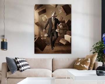 Surreal figure with teapot head levitating pouring tea in librar by Markus Gann