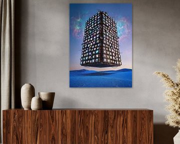 Drijvende tv-monoliet brengt informatieovervloed in woestijn van Markus Gann