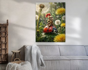 Mouse knight riding ladybug steed among dandelions by Markus Gann