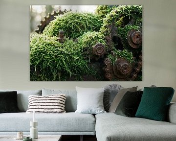 Moos wächst auf alten rostigen Industriegetrieben und Ketten von Markus Gann