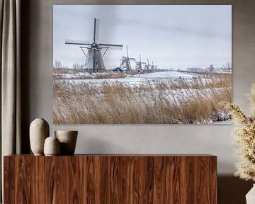 Mills world heritage site Kinderdijk in snow by Mark den Boer