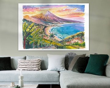 Der goldene Teide über dem üppigen Orotava-Tal und der ruhigen Küste Teneriffas