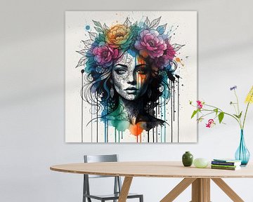 Aquarelle vibrante Femme avec couronne florale sur Clay Artista