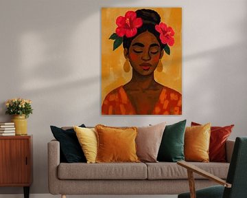Sunny Disposition - Modernes afrikanisches Porträt mit Hibiskus von Patricia Leona Art