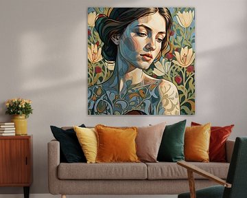 Art Nouveau Frau: Elegantes florales Porträt von Clay Artista