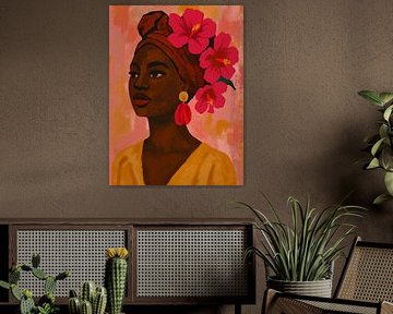 Ocker & Bloom - Elegantes Porträt mit rosa Hibiskus und Turban von Patricia Leona Art
