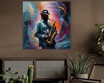 Painterly Music Flow - Saxophonist Silhouette Kunst