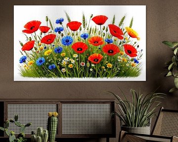 Klaprozen, korenbloemen, granen en wilde grassen