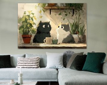 Zwei Katzen mit Tassen im stillen Moment von Erika Kaisersot