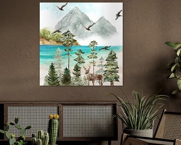 Mountain Forest Landscape with Deer and Lake