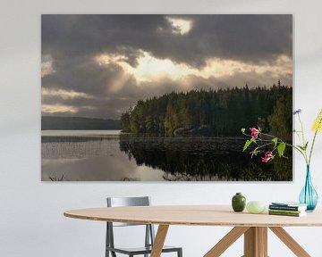 Gouden zonsondergang boven een rustig bosmeer in Scandinavië.