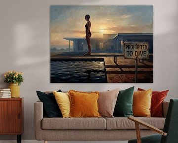 Gelassene Frau auf dem Sprungbrett bei Sonnenuntergang von Jan Keteleer